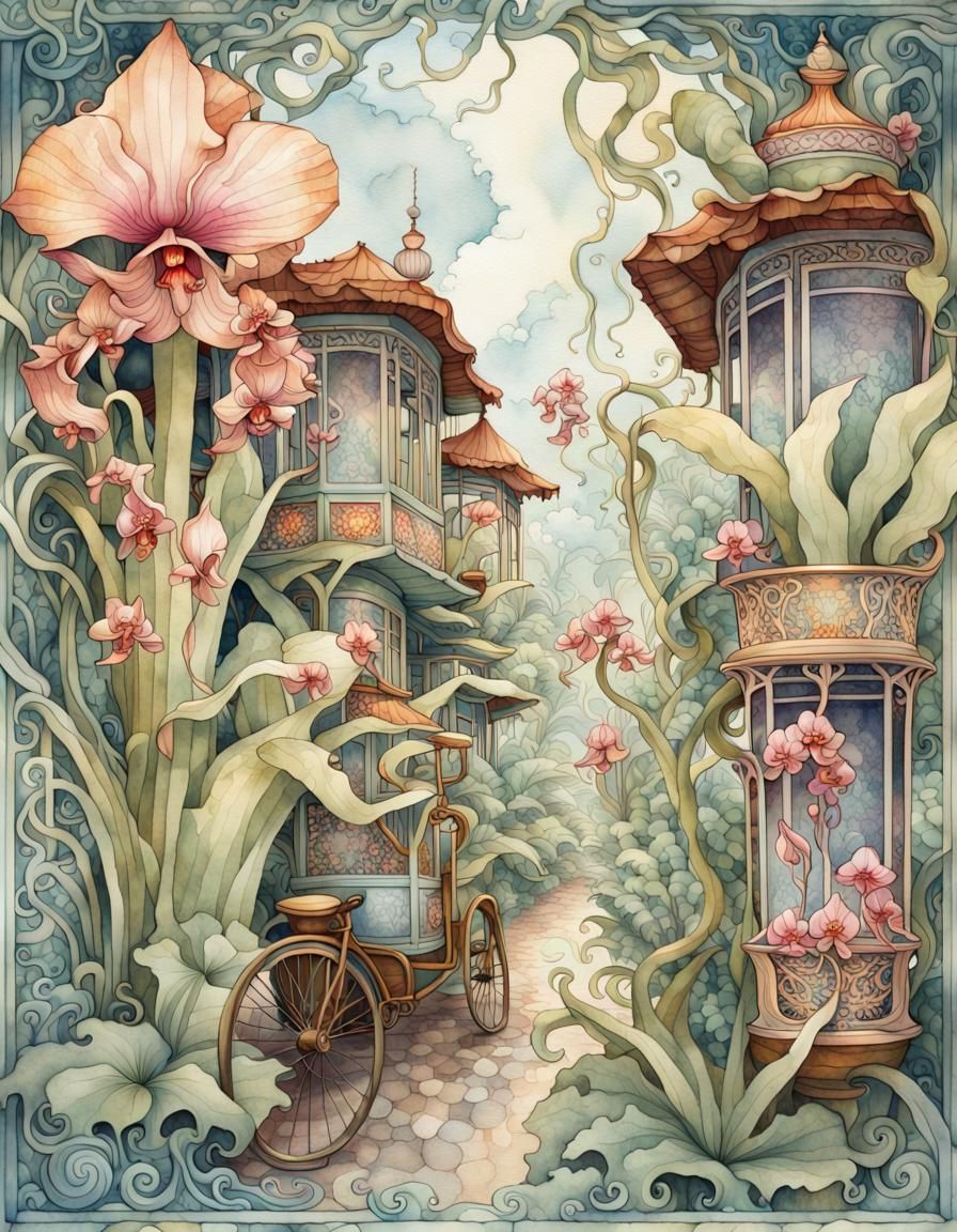 Lush Tropical Cloud Forest in Art Nouveau Style