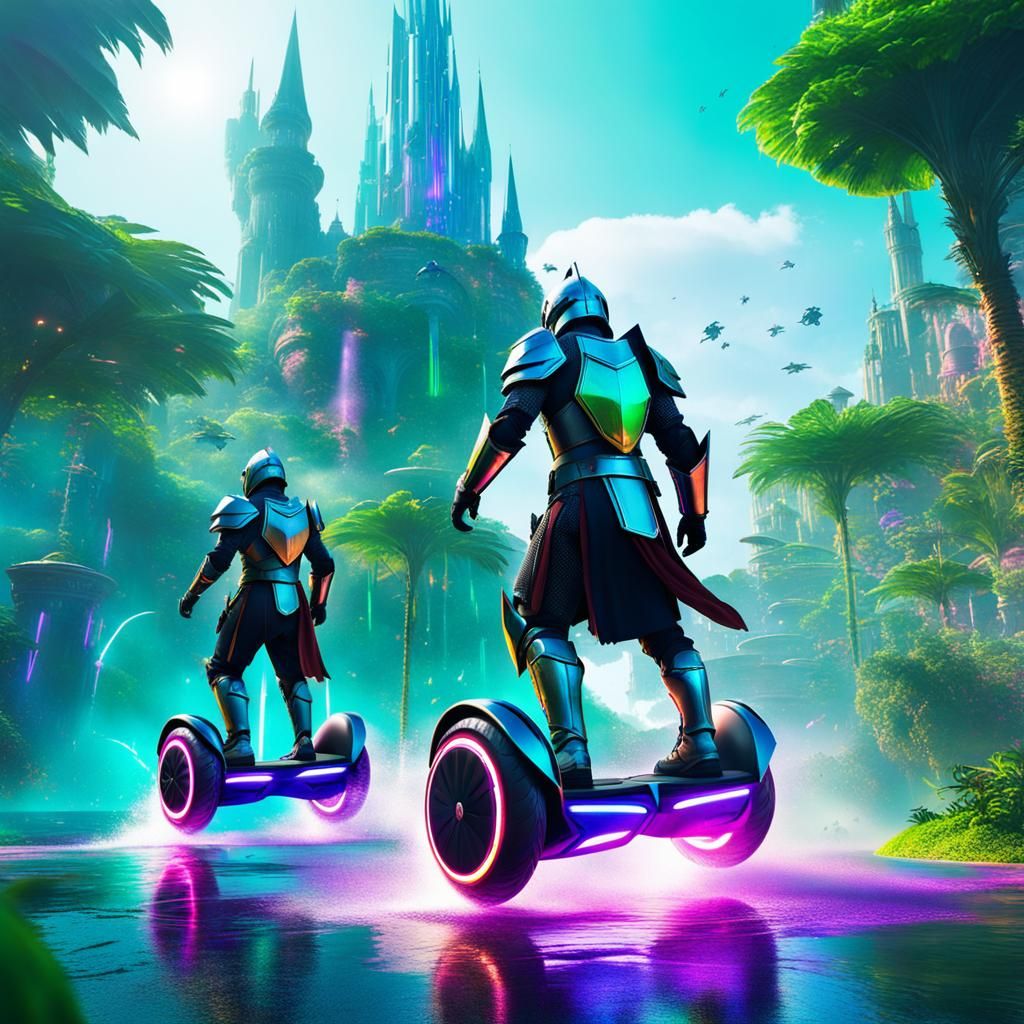 Medieval Knights Ride Hoverboards in Futuristic City
