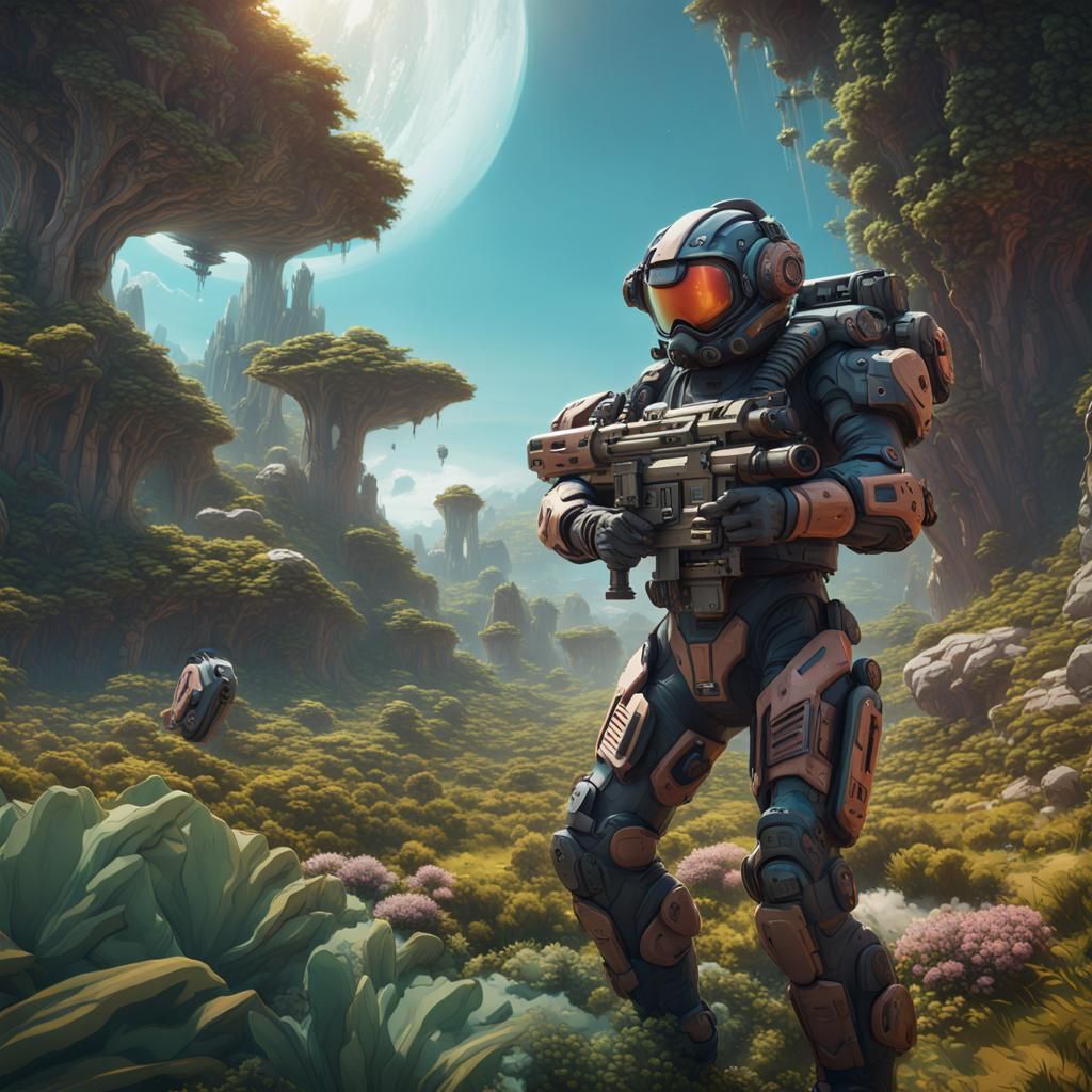 Exosuit on Lush Planet with Floating Islands