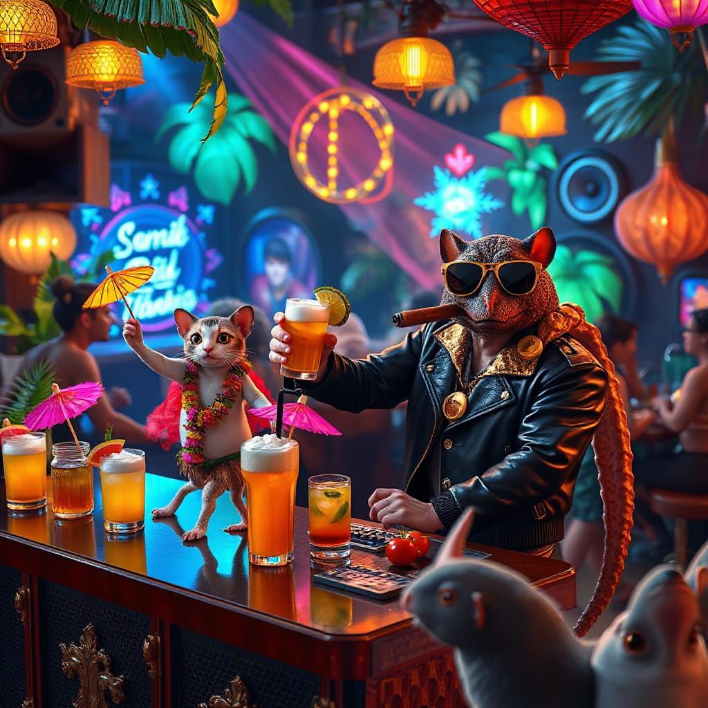 Isometric Tropical Bar Scene with Octopus Bartender and Exot...