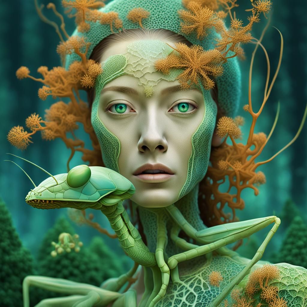 Praying Mantis-Human Hybrid in Mycelium Network