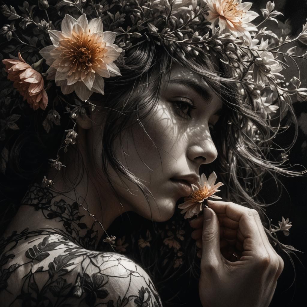 Woman Surrounded by Flowers: Hyper-Realistic Charcoal Drawin...
