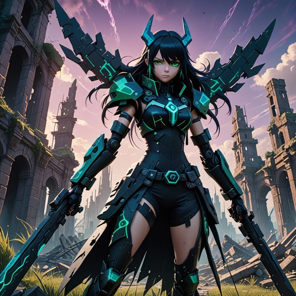 Black Rock Shooter in Ruined Cityscape