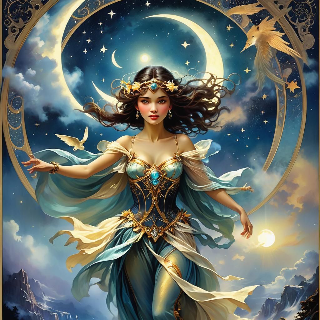 Moon Woman Rides Night Sky in Chromatic Surrealism