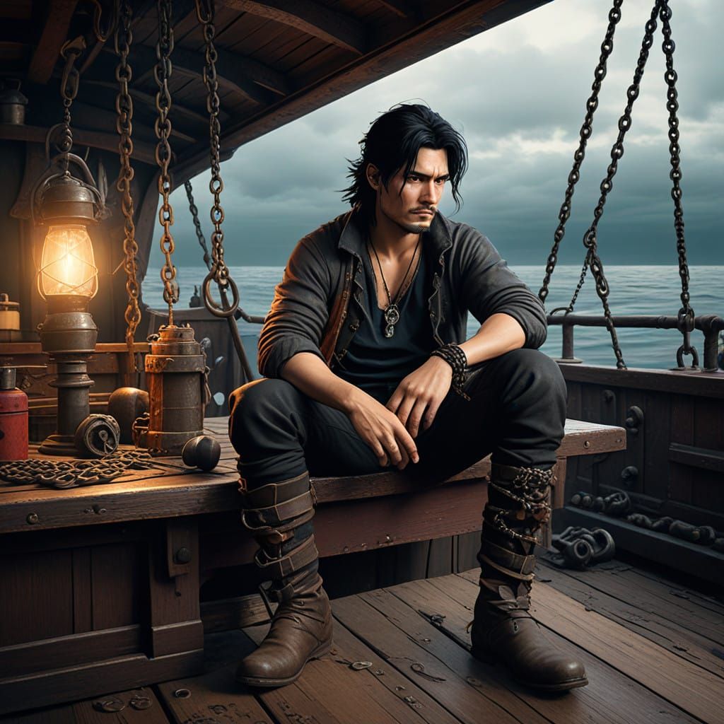 Mystical Pirate Slumbers on Weathered Ship Deck