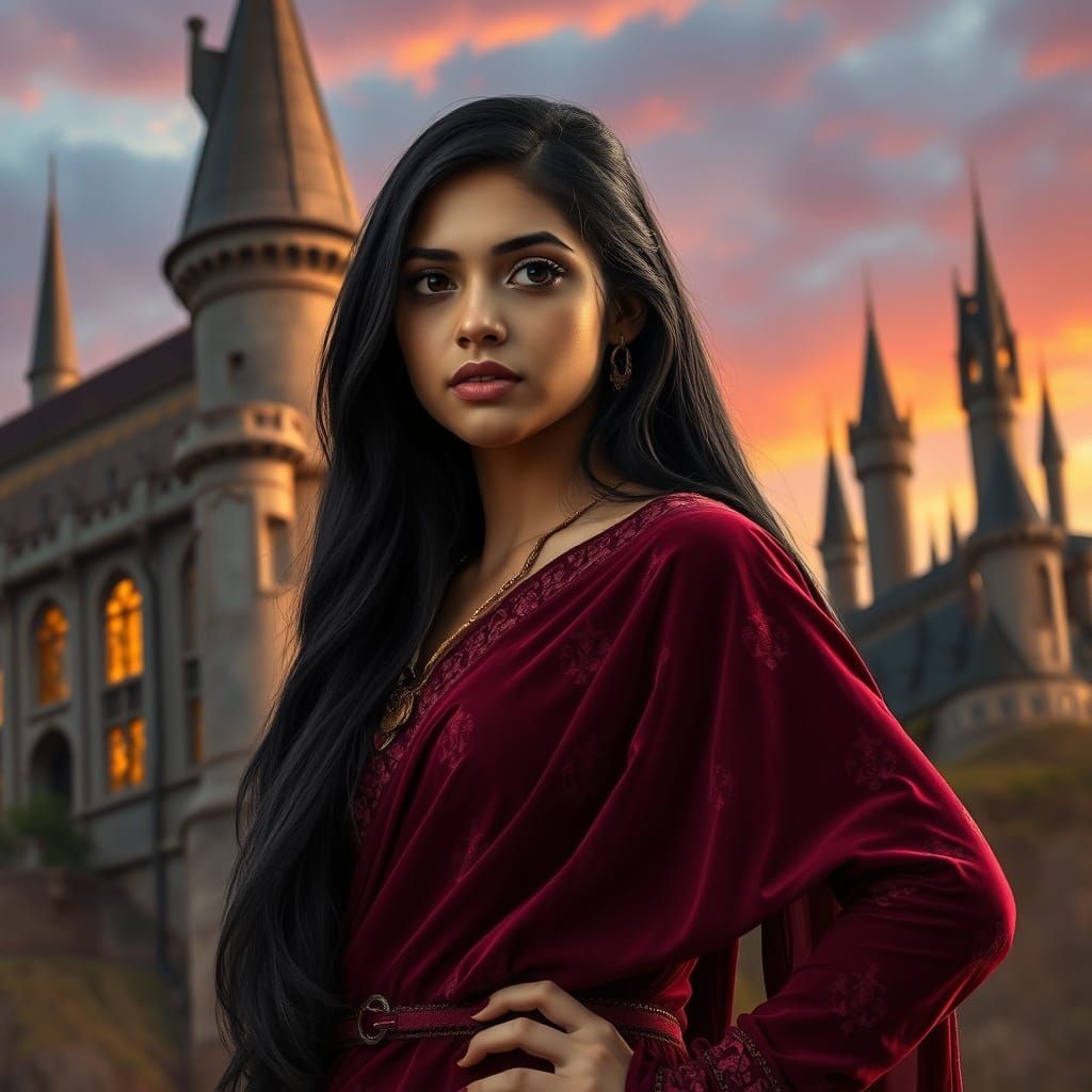 Young Woman in Burgundy Lahenga with Hogwarts Castle in the ...