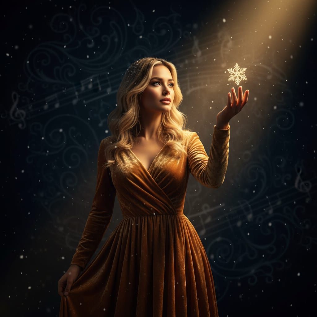 Serene Blonde Woman Catches Snowflake in Dramatic Light