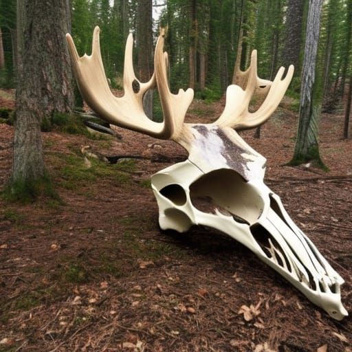 Moose Skull with Antlers in Forest