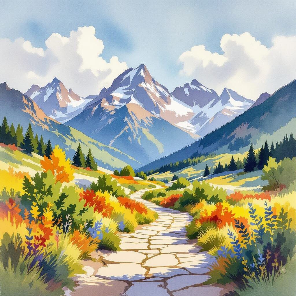 Vibrant Mountain Landscape in Expressive Watercolor Style