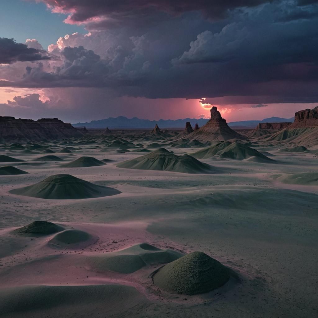 Fantastical Desert Landscape with Ominous Rock Formations
