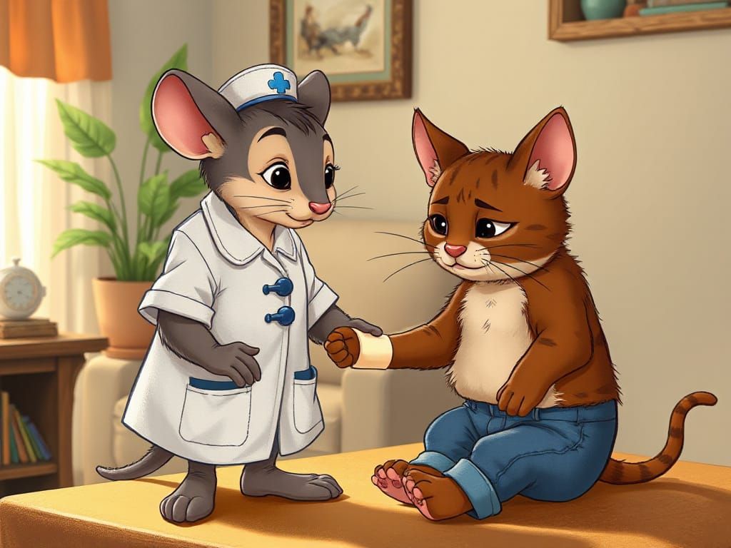 Nurse Mouse Tends to Sad Cat Patient in Disney Animation Sty...