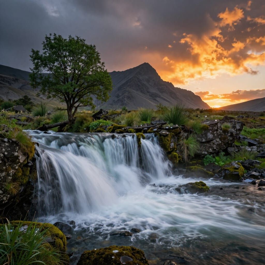 Dramatic Waterfall Sunset Long Exposure Photo