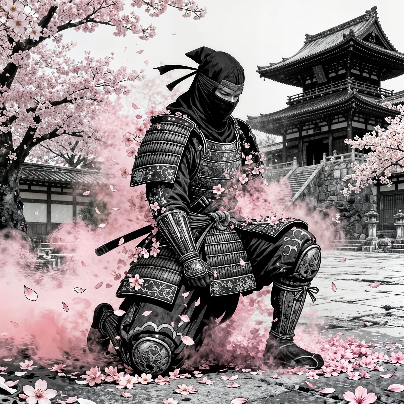 Ninja Samurai Dissolving into Cherry Blossoms in Ancient Jap...