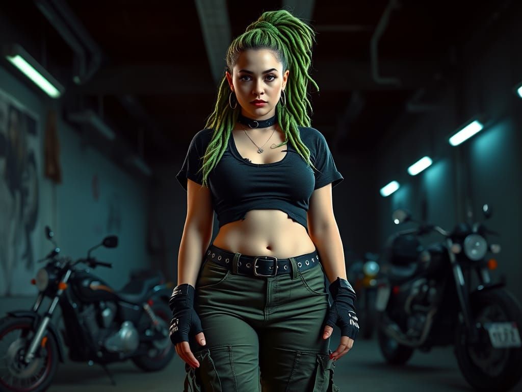 Rebellious Biker Goddess in Neon Hues