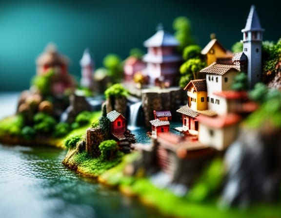 Jeweled Miniature Cityscape with Mountain Waterfall