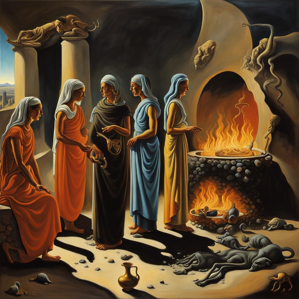 Roman Priestesses Tending Hearth in Surrealist Style