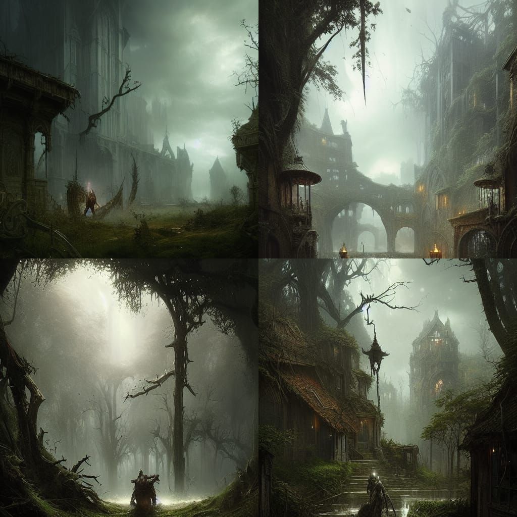 Epic Overgrown Village in Dark Fantasy Style