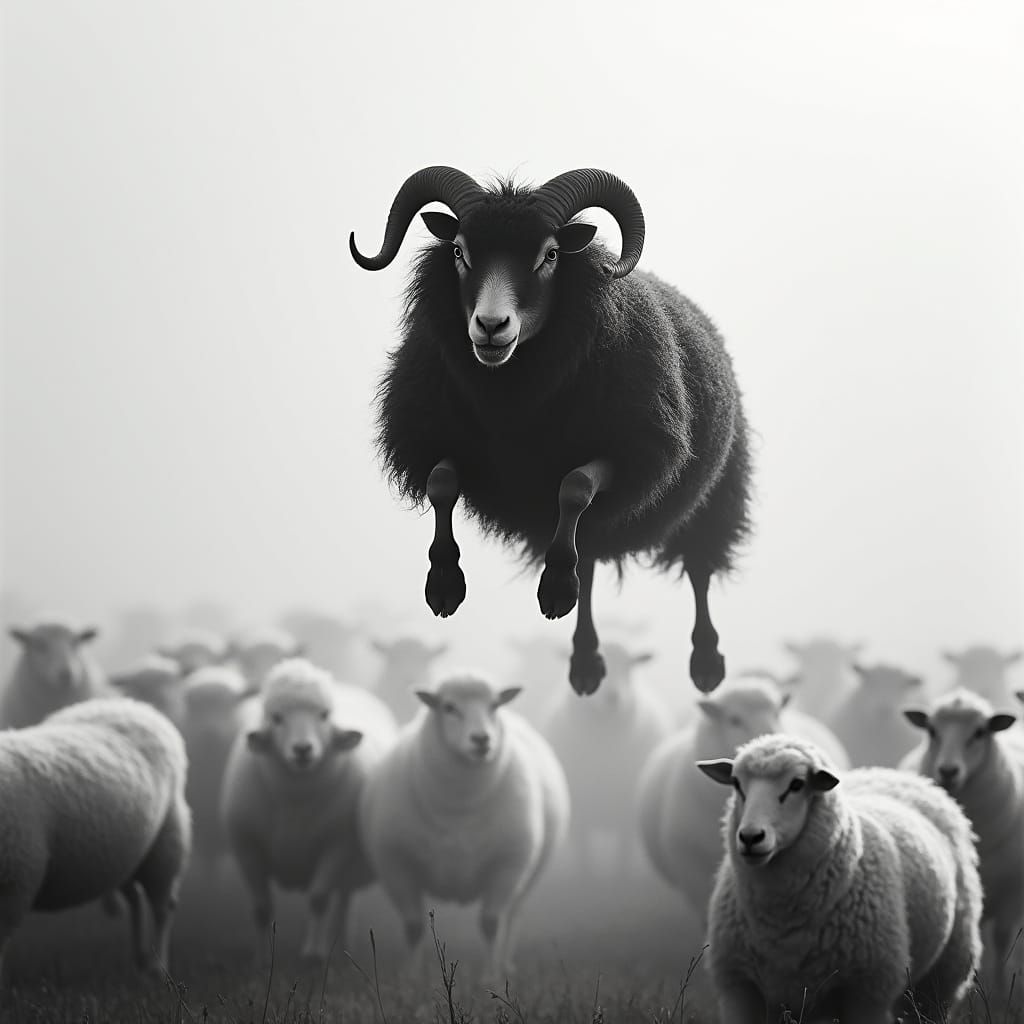 Black sheep leaping above the crowd