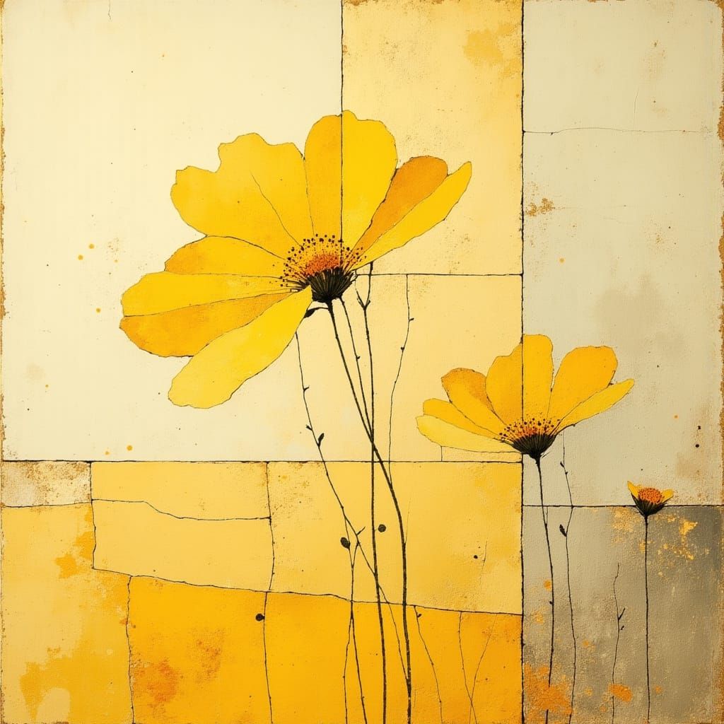Abstract Yellow Flowers in Geometric Cubist Style