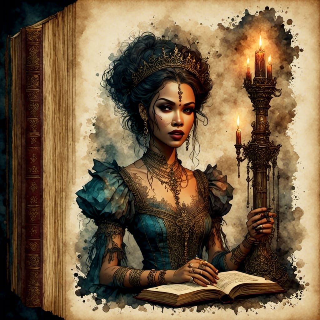 Medieval Enchantress in Antique Watercolor Style