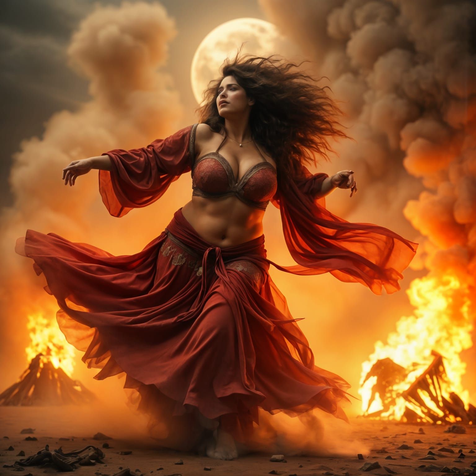 Sensual Gypsy Dancer Amidst a Whirling Sandstorm at Dusk