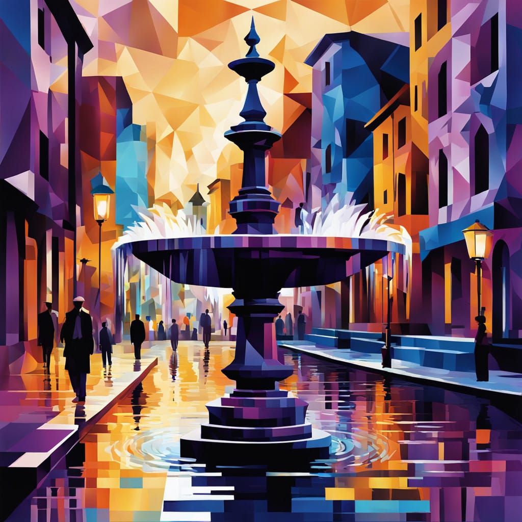 Geometric City Fountain in Chiaroscuro