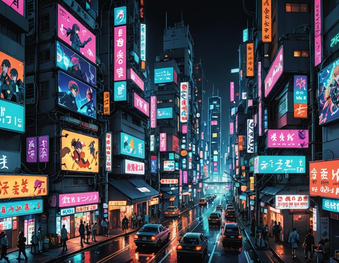 Cyberpunk Cityscape in 90s Anime Style