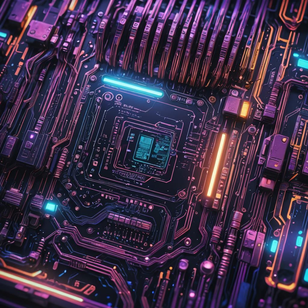 Cyberpunk Computer with Glowing Blue Circuits in Neon Light