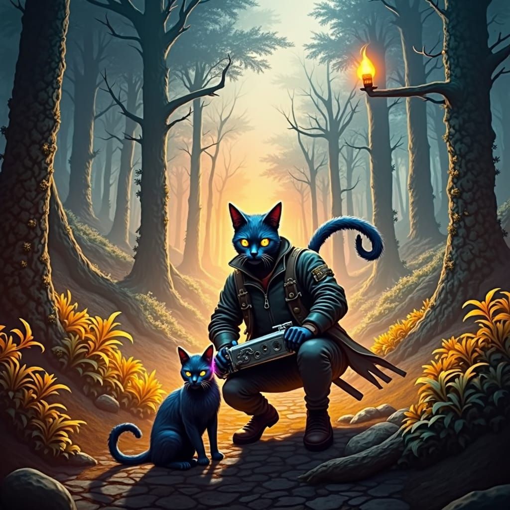 Mystical Alley Confrontation: Man, Gun, and Cat