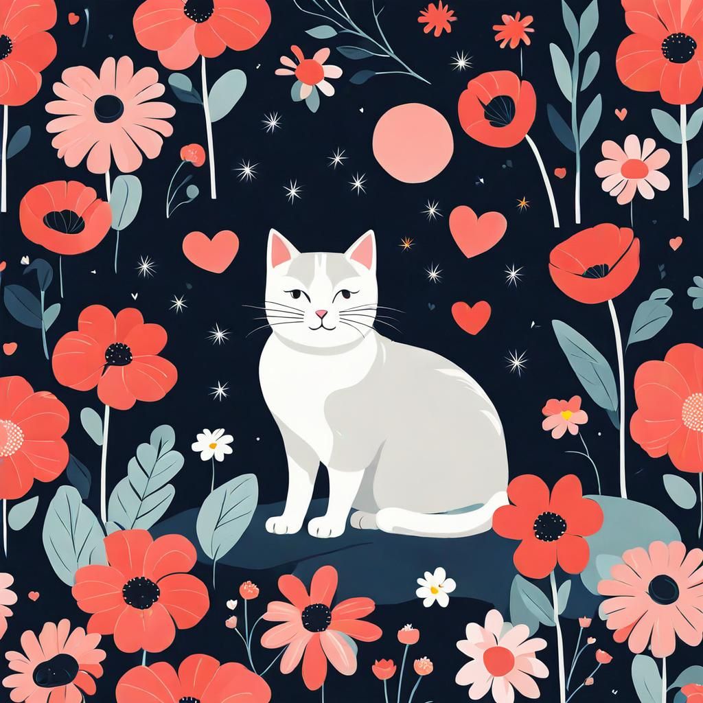 Cute Cat with Flowers in Minimalist Illustration