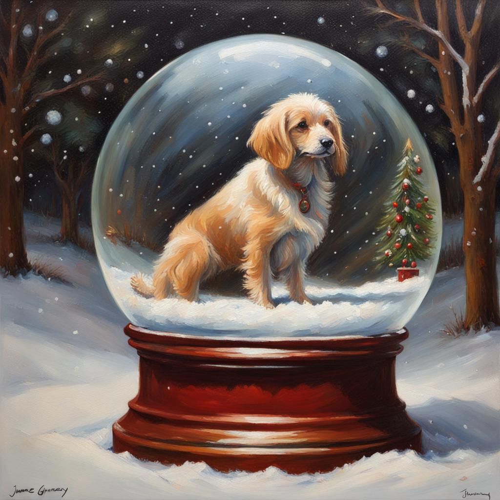 Christmas Snow Globe Dog, Oil Painting