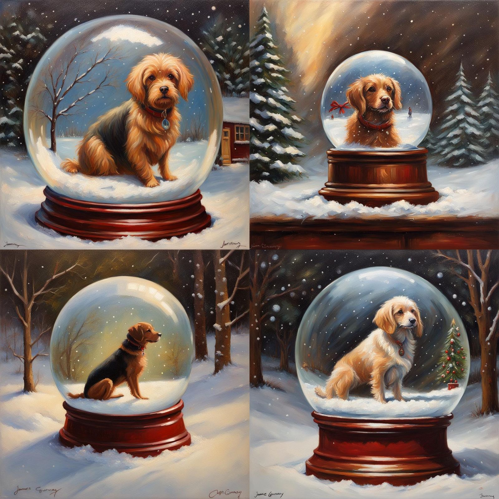 Christmas Snow Globe with Dog as Oil Painting