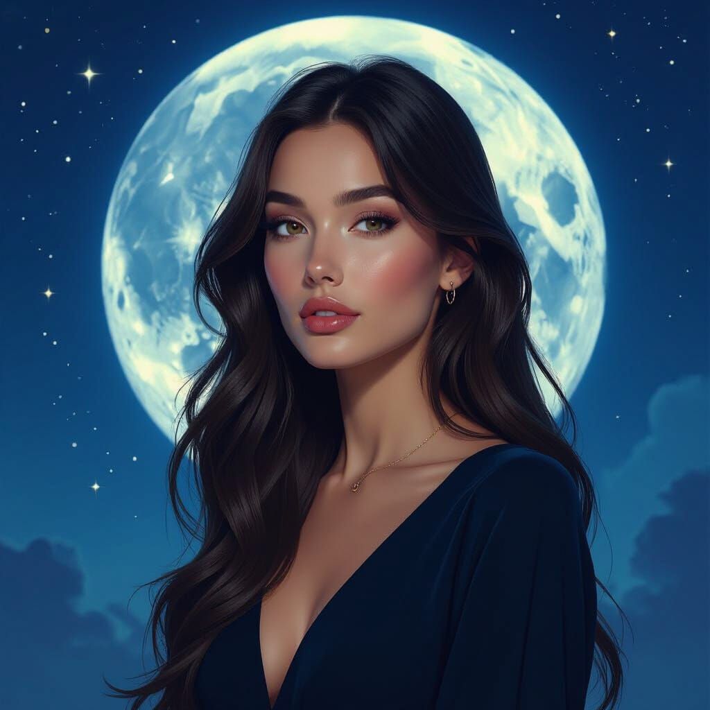 Dreamy Portrait of Woman with Moon, Matte Painting Style