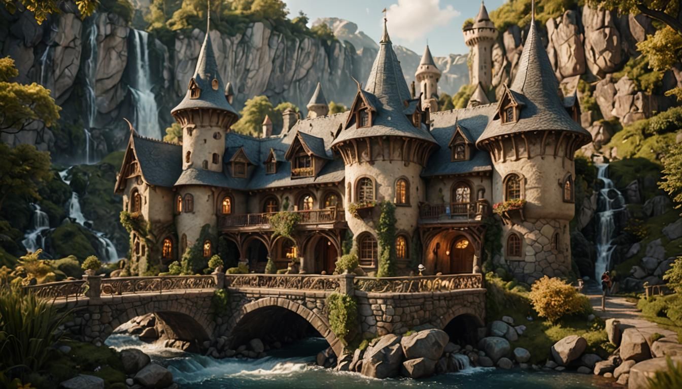 Elegant Elven Mansion with Waterfall, Photorealistic Archite...