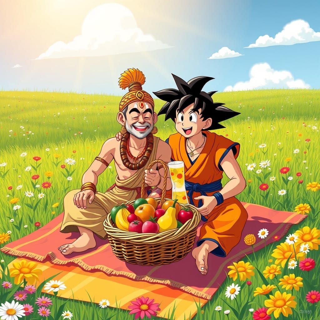 Monkey God and Super Saiyan Enjoy a Serene Picnic in Vibrant...