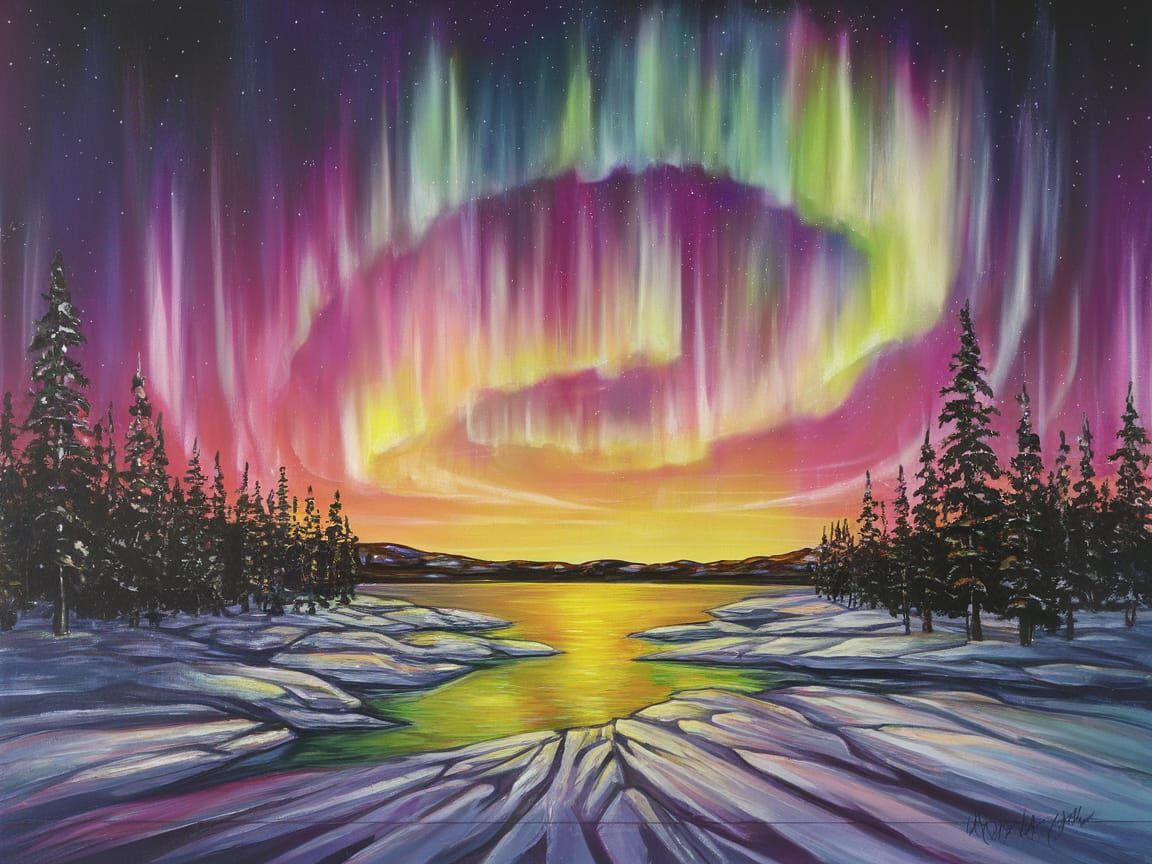 Vibrant Aurora Borealis Over Frozen Lake in Acrylic Painting