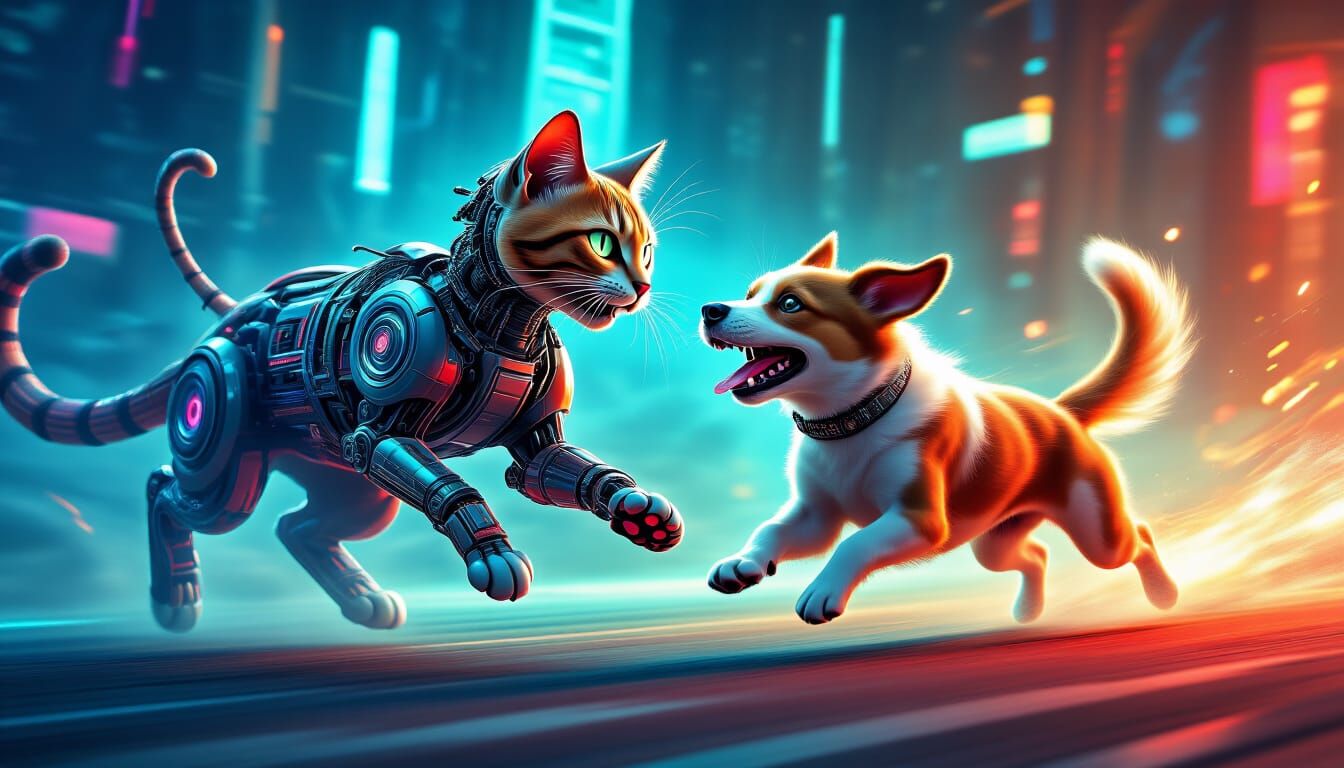 Cybernetic Cat Chasing Dog in Surreal Style