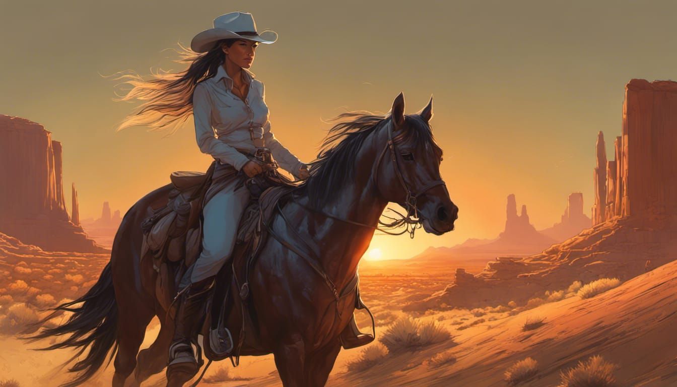 Cowgirl Rides into Desert Sunset: Digital Art