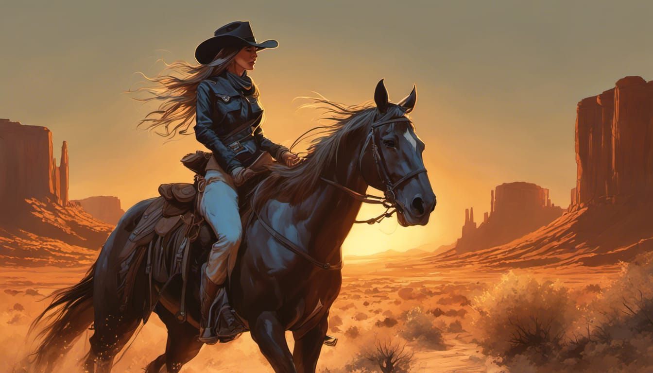Cowgirl Rides into Sunset: Hyperdetailed Fantasy Art