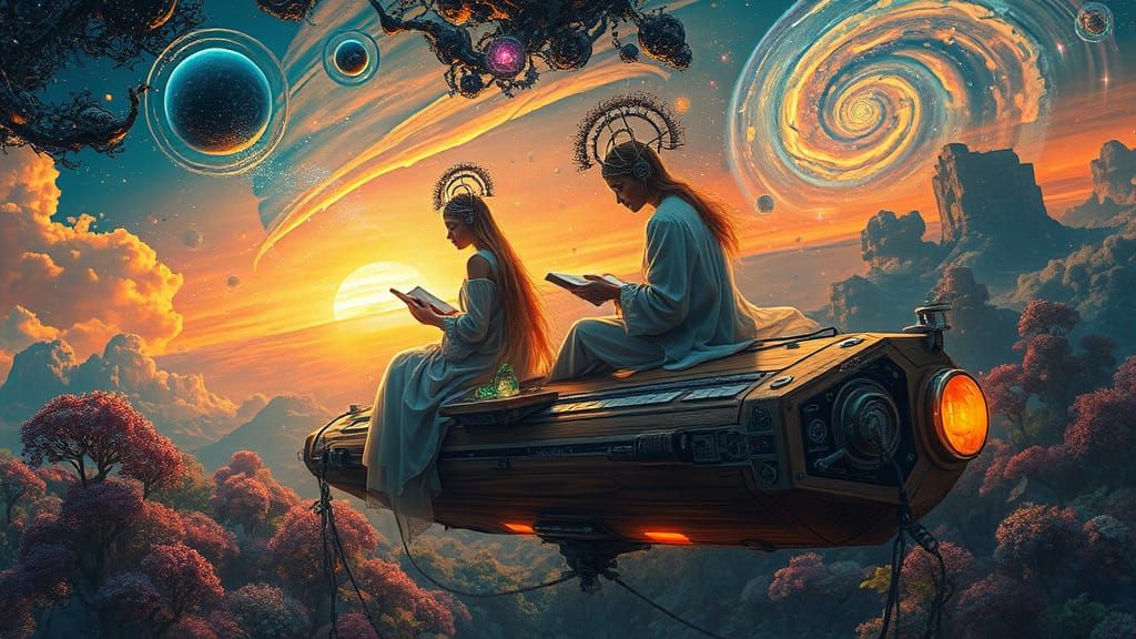 Ethereal Poets in a Sunset Galaxy, 8K Render