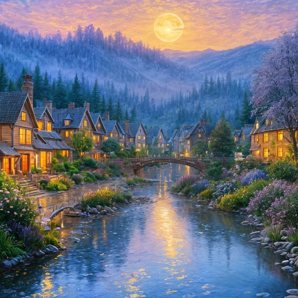 Enchanted Purple Moonlit Town in Painterly Style