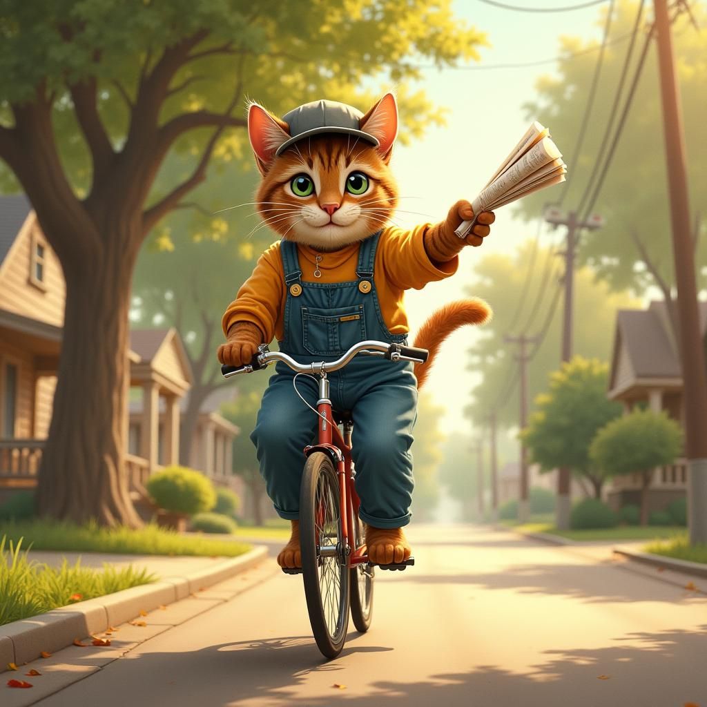 Whimsical Cat Paperboy on Vintage Bicycle