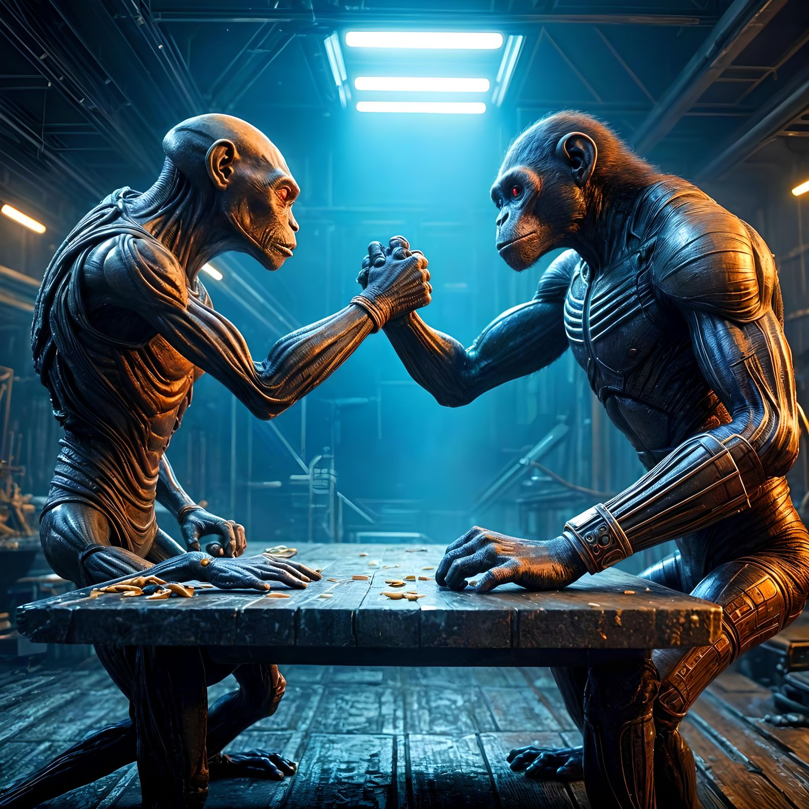 Alien and Monkey Arm Wrestling in Extraterrestrial Environme...