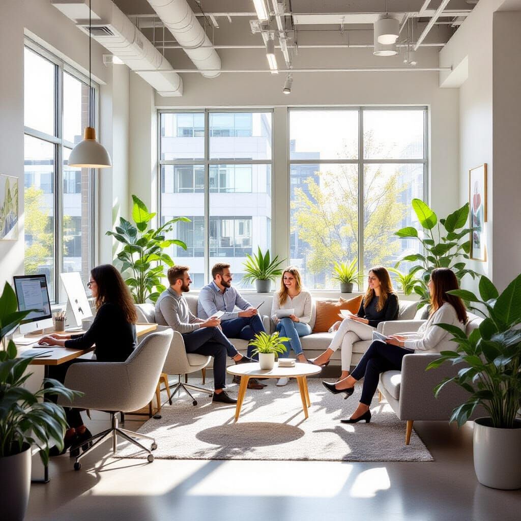 Bright Modern Office with Diverse Employees Enjoying Work-Li...