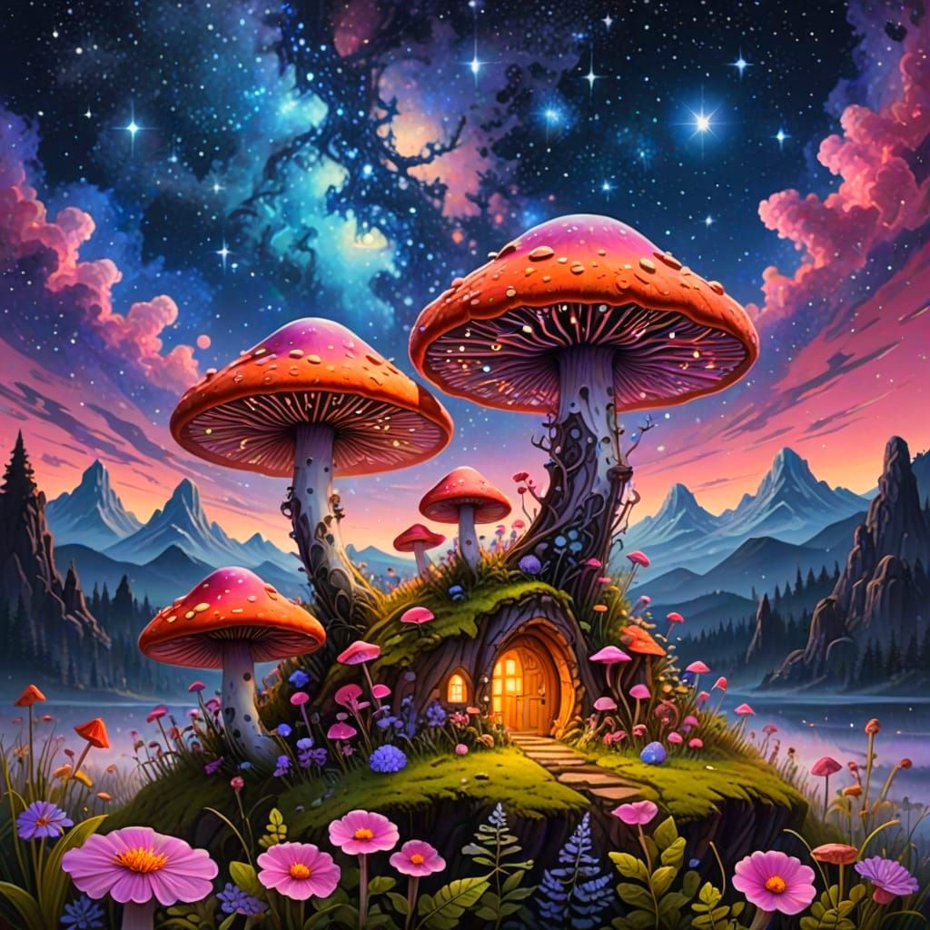 Mushroom House Under a Cosmic Night Sky