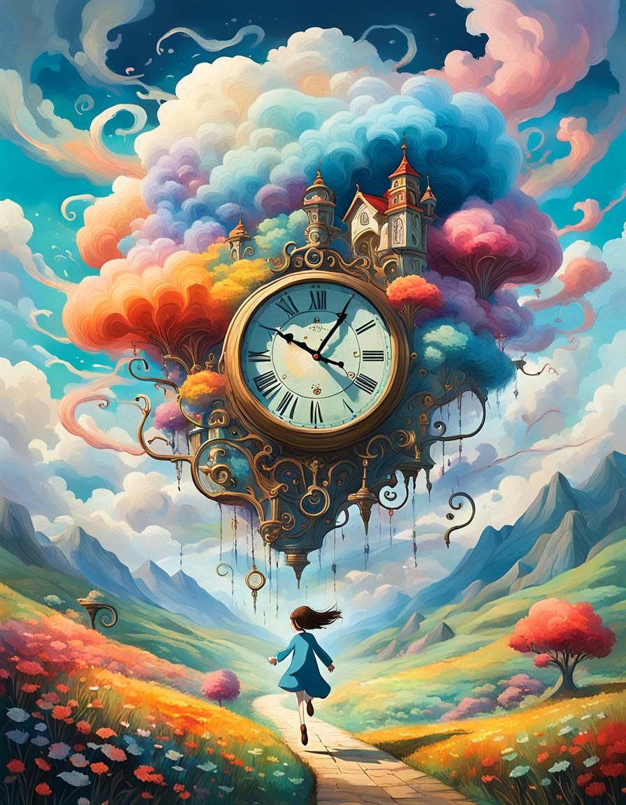 Animated Clock Runs Through Dreamlike Landscape