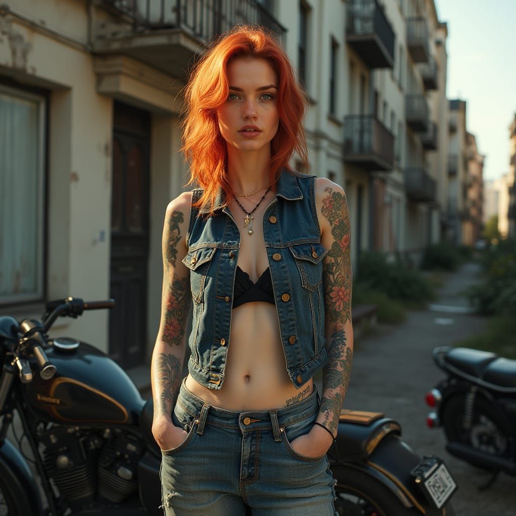 Red-Haired Woman by Motorcycle in Photorealistic Style