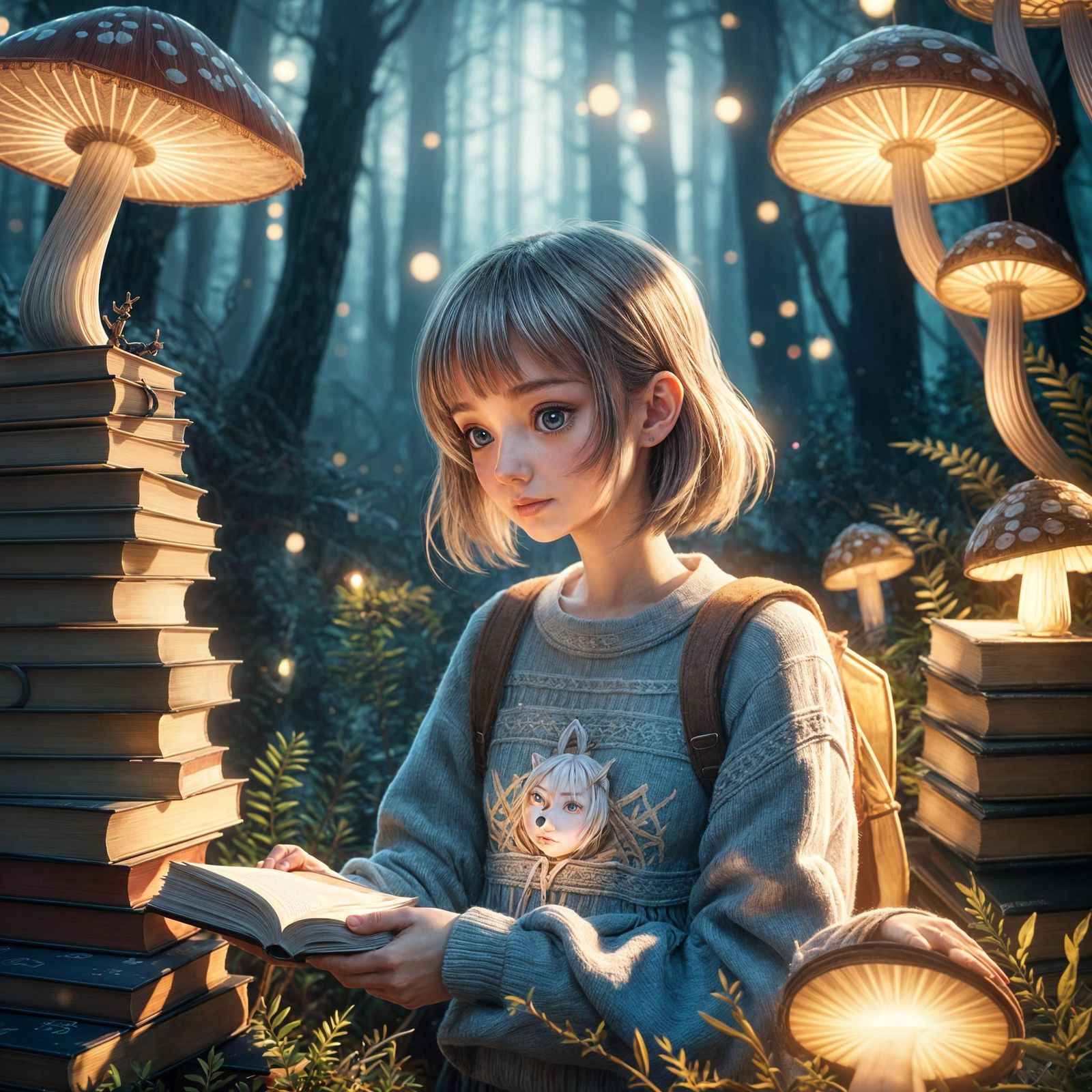 Girl Surrounded by Books in 3D Anime Style
