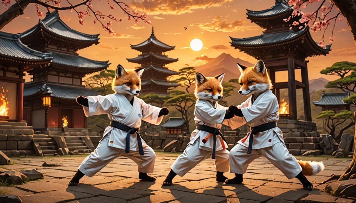 Fox Master and Apprentice Practicing Karate at Sunset