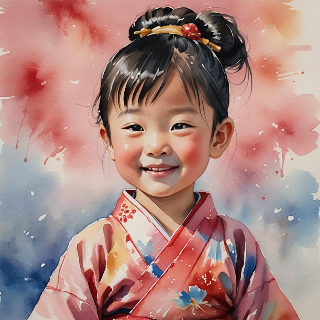 Smiling Asian Boy in Kimono: Watercolor Portrait